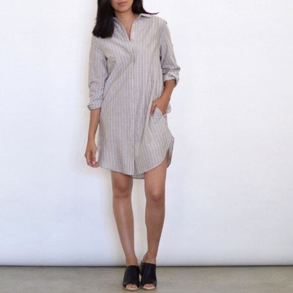 Lumiere striped button up long sleeve shirt dress tan and white women's size L - Picture 1 of 6